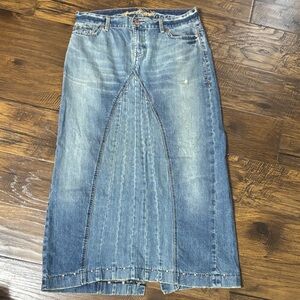 Blue Denim Maxi Skirt with Paneled Front Detail